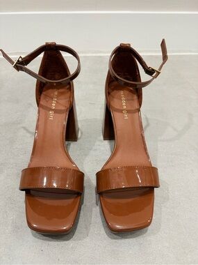 Madden Girl Brown Patent Ankle-Strap Block Heels